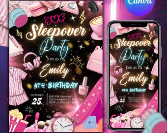 Sleepover Birthday Invitation, Neon Sleepover Invitation, Slumber Party, Canva Editable
