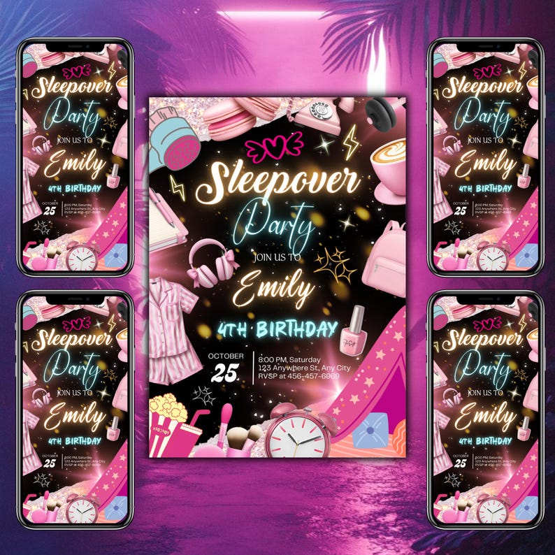 Sleepover Birthday Invitation, Neon Sleepover Invitation, Slumber Party, Canva Editable