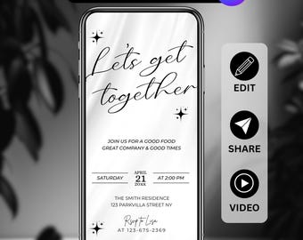 Let’s Get Together Invitation Mobile Template, Modern Minimalist Party Invite, Phone Evite, Digital Download, DIY in Canva