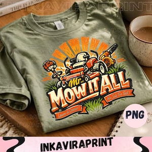 Pode incluir: Camiseta verde sálvia com um gráfico colorido de equipamentos de jardinagem, incluindo um cortador de grama e um soprador de folhas. O design inclui o texto "Mr. Mow It All" e "No Job Too Tall!" em um estilo vintage.