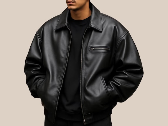 Vintage Black Sheepskin Leather Bomber Jacket: Oversized Baggy Fit