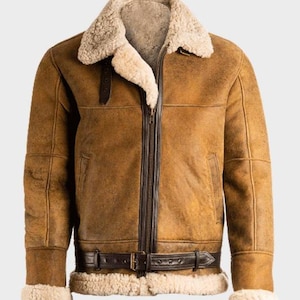 Men’s B3 Shearling Leather Jacket, Vintage Aviator Bomber Coat, Real Sheepskin Winter Jacket