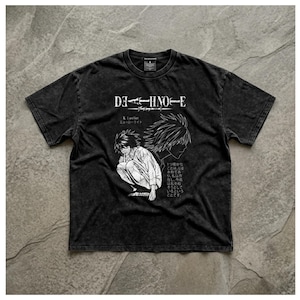 T-shirt Death Note con stampa anime, maglietta grafica L Lawliet, maglietta manga oversize vintage, maglietta streetwear anime, maglietta unisex in cotone pesante