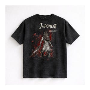 May include: Black t-shirt with a graphic of a figure holding a large blade, with the words "JUDGMENT EXECUTED" above. The design features red and white accents, creating a striking contrast against the dark fabric.