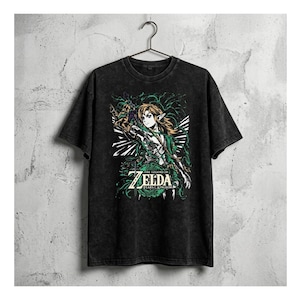 T-shirt ispirata a Zelda, maglietta grafica fantasy d'avventura, maglietta da gamer vintage con lavaggio acido, streetwear in cotone pesante stile Hyrule