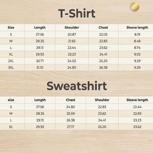 Pu&ograve; includere: Una tabella con le misure delle taglie di t-shirt e felpe in pollici. La tabella include le taglie S, M, L, XL, 2XL e 3XL per le t-shirt e S, M, L e XL per le felpe. Misure: lunghezza, spalle, petto e lunghezza manica.