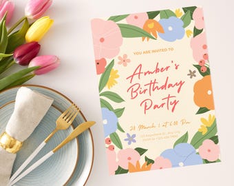 Floral Birthday Invitation Template | Spring Party Canva Invite | Editable Digital Download