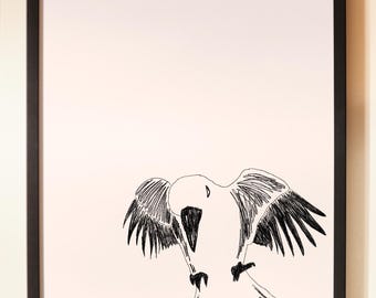 Minimalist Crow Drawing – Digital Print, Black and White Wall Art
