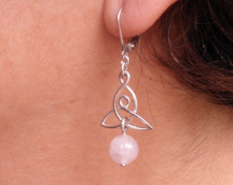 Boucles d'oreilles en argent 925 en quartz rose, boucles d'oreilles noeud mère et enfant argent sterling