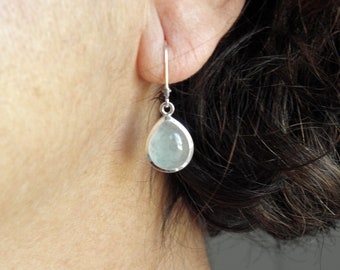 Sea green jade dangle earrings silver 925, natural jade drop earrings sterling silver