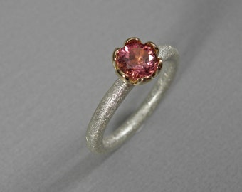 Pink tourmaline solitaire ring in silver and gold