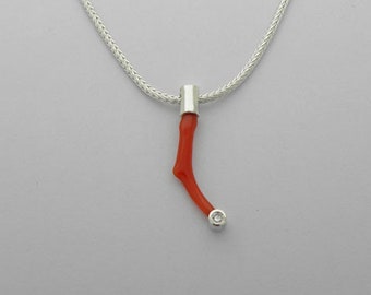 Coral diamond pendant in silver