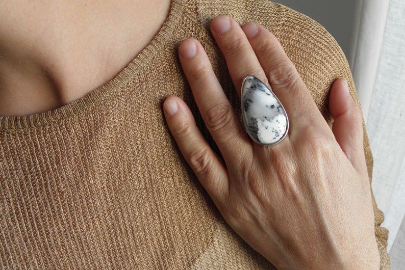 statement silver ring big semi precious stone ring Big Dendritic Opal Silver Ring