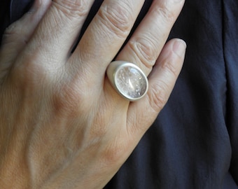 big rock crystal silver ring - statement signet seal ring