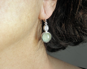 boucles d'oreilles pendantes en jade vert et quartz rose argent 925