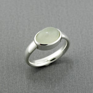 May include: A silver ring with a light green, oval-shaped stone. The ring has a smooth, polished band and a bezel setting that holds the stone securely. The ring is displayed on a gray background.
