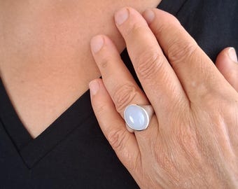 Light Blue Chalcedony Agate Sterling Silver Signet Seal Ring, Handmade