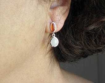 Carnelian and serpentine ear studs in sterling silver