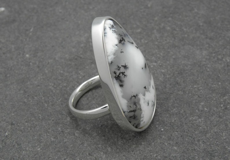 statement silver ring big semi precious stone ring Big Dendritic Opal Silver Ring