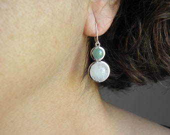 Boucles d'oreilles pendantes jade bleu et aventurine argent 925