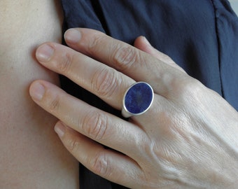 Big sodalite silver statement signet seal ring