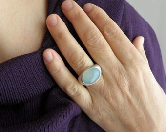 blue agate ring in silver 925, agate statement ring, agate signet ring, agate seal ring