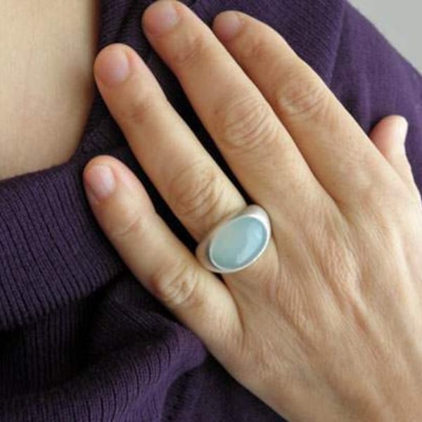 Grosser blauer Achat Chalcedon Ring in Silber 925