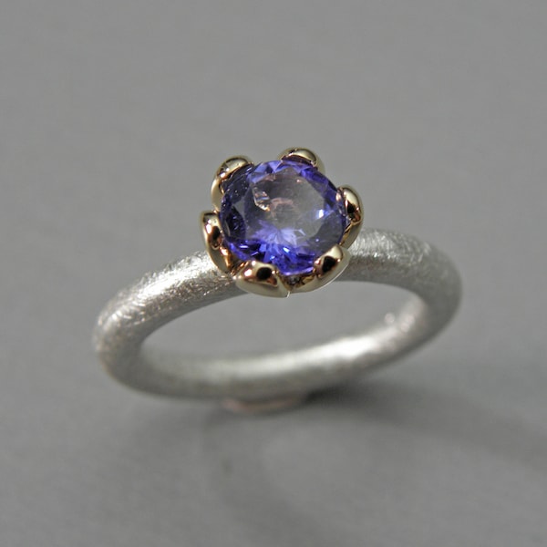 Tanzanite solitaire ring in silver and gold