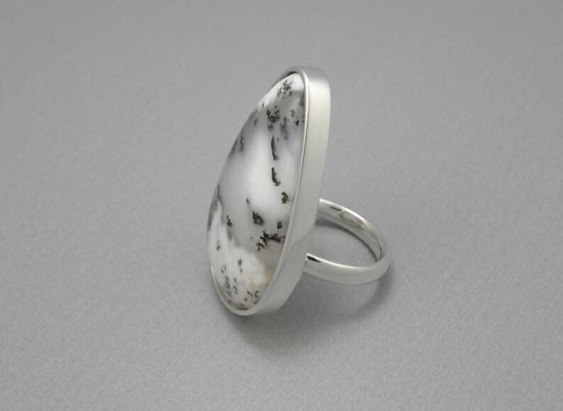 statement silver ring big semi precious stone ring Big Dendritic Opal Silver Ring