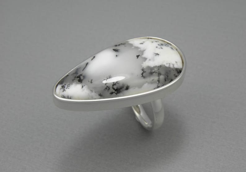 statement silver ring big semi precious stone ring Big Dendritic Opal Silver Ring