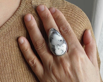 Big Dendritic Opal Silver Ring, bague en argent de déclaration, grande bague en pierre semi-précieuse