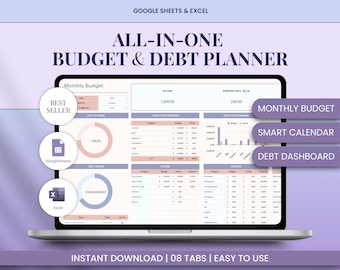 Ultimate Budget and Debt Planner | Google Sheets | Personal Finance Tracker | Monthly & Yearly Budget | Debt Payoff Tracker
