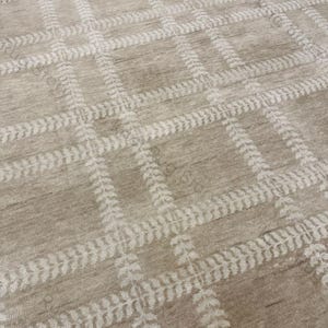 Peut inclure: Tapis beige avec un motif quadrillé. La grille est formée par des motifs blancs en forme de feuilles. Le tapis a une palette de couleurs neutres, ce qui le rend adapté à divers styles d'intérieur. La texture semble douce et accueillante.