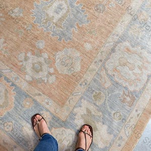 Hand-Knotted Wool Oushak Rug: Peach & Light Blue, Turkish Style