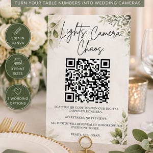 May include: A rectangular wedding QR code card featuring a botanical design with green leaves. The text reads: Lights, Camera, Chaos. Scan the QR code to open our digital disposable camera. No retakes, no previews! All photos will be revealed tomorrow.