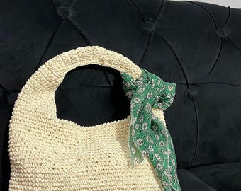 Handgemachte häkeln Bast Tasche mit Schal – Boho Hobo Bag – Stroh Schultertasche – Sommerhandtasche – Geflochtene Tote