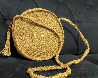Handmade Woven Round Raffia Crossbody Bag, Small Straw Shoulder Bag with Tassel, Boho Summer Purse, Eco Friendly Giftf