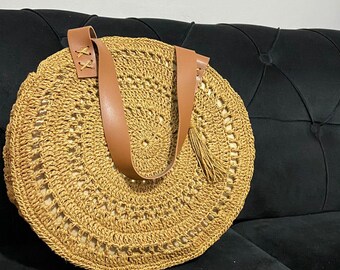 Borsa rotonda in paglia fatta a mano, borsa in rafia intrecciata, borsa da spiaggia boho con cinturini in pelle, borsa a tracolla estiva, regalo ecologico per lei