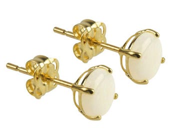 Pendientes con piedra de nacimiento de octubre: Ópalo macizo de oro amarillo de 9 quilates, piedra preciosa redonda de 5 mm.