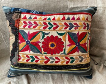 Indian Embroidery with Hint of Hexie Quilt on Some Amazing Indigos Pillow