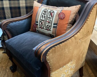 Deconstructed Club Chair, Worn and Patched Vintage Textiles, Soulful Statement Chair