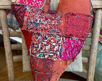 Heart Shaped Pillow, Patchwork Pillow, Vintage Afghanistan and Uzbekistan textiles