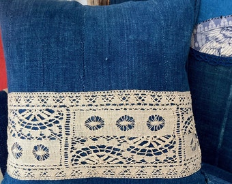 Bobbin Lace Pillow and Indigos, Farmhouse Pillow, Bohemian cushion, Indigo Pillow