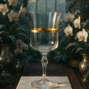 May include: A clear wine glass with a gold band detail. The glass is displayed on a marble surface, with a backdrop of white orchids and foliage. The glass has a classic design, suitable for serving wine or other beverages.