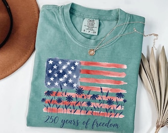 Comfort Colors® Floral 250th Anniversary Shirt, Wildflower Independence Day Tee, Floral America Flag Shirt, Fourth of July Shirt