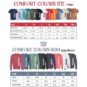 May include: A product catalog featuring Comfort Colors t-shirts and long-sleeve shirts. The t-shirts come in various colors, including navy, orchid, and white. The long-sleeve shirts are available in crimson, blue jean, and black. Size charts are included.