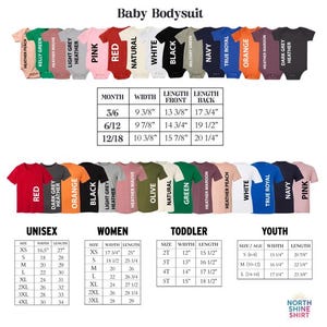 May include: A variety of baby bodysuits in various colors, including red, black, and navy, are displayed. Size charts for unisex, women's, toddler, and youth sizes are also shown, with measurements in inches.