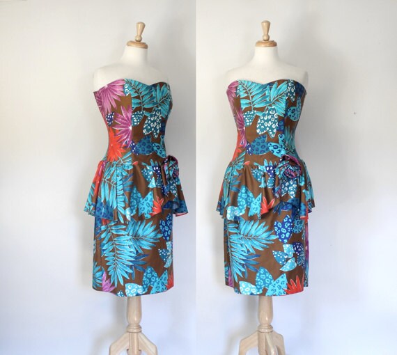 Vintage 80s Strapless Peplum Dress