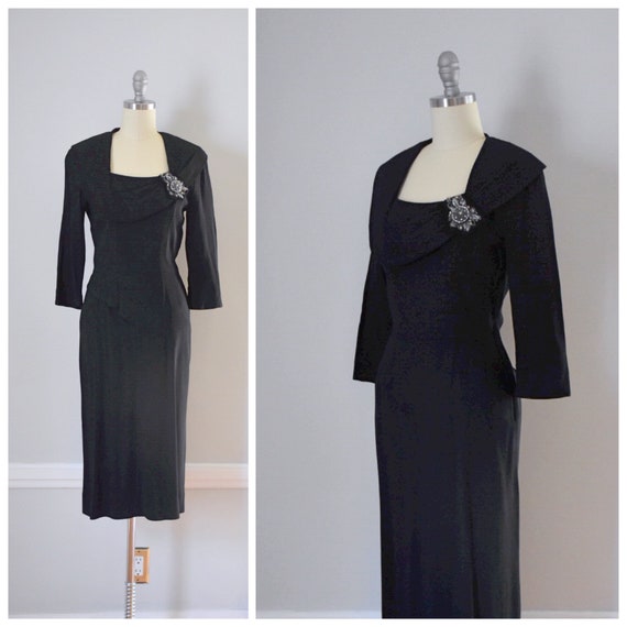 Vintage 40s 50s Black Crepe Dress