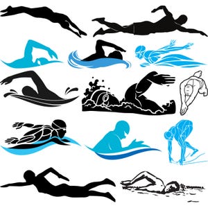 May include: A collection of stylized swimming illustrations in black and blue. The images depict various swimming strokes, including dives and freestyle, with dynamic lines suggesting water movement. Ideal for sports-themed designs.